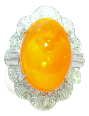 9.52 Carat Mexican Fire Opal Diamond Platinum Ring, Size 5.25