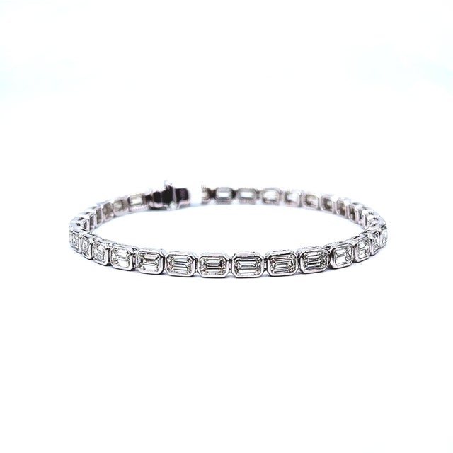 Silver 6.54 Ct Emerald Cut East-West Bezel Set Tennis Bracelet For Sale - Image 8 of 8