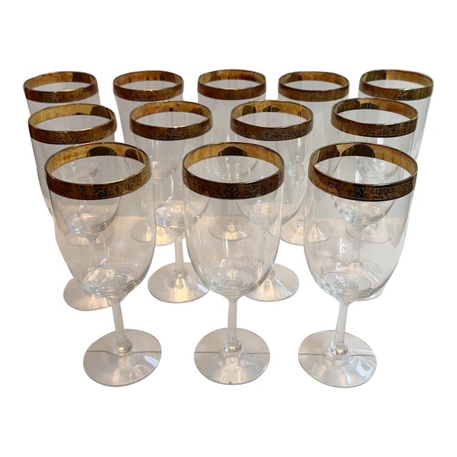 Vintage 1970s Lenox "Autumn" Collection Handblown Crystal Water Glasses 7.75" High 24k Gold Encrusted Band - Set of 12 For Sale