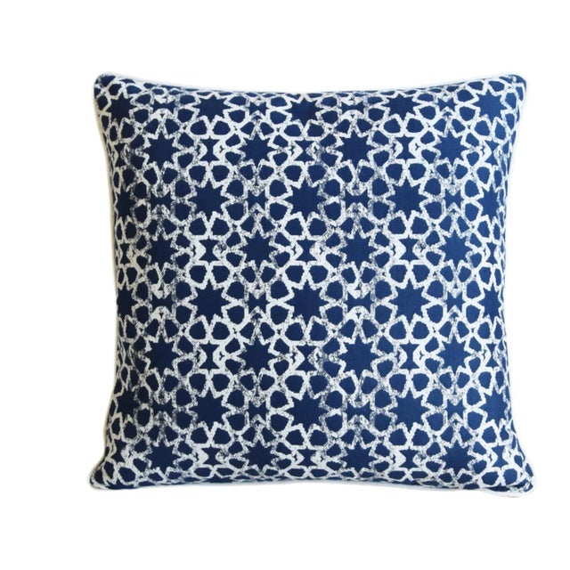 Custom-tailored designer blue and white geometric stars cotton blend fabric pillow by Perennials. Same fabric on the...