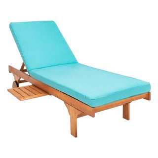 Newport Chaise Lounge Chair with Side Table, Natural/Aqua Cushion For Sale