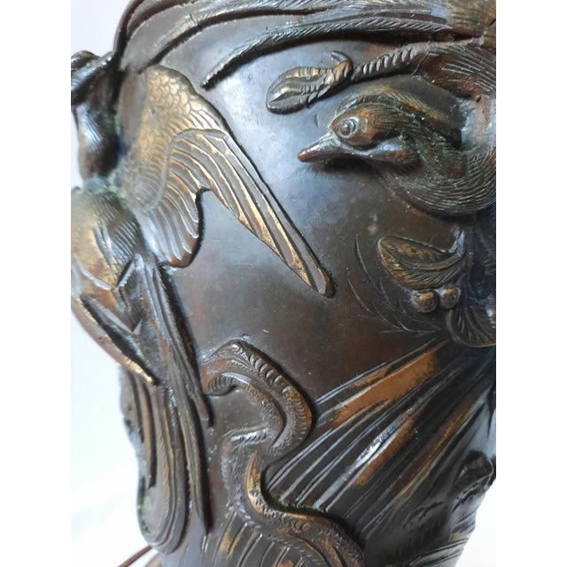 Asian Antique Antique Japanese Meiji Bronze Bird Vases Table Lamps - a Pair For Sale - Image 3 of 5