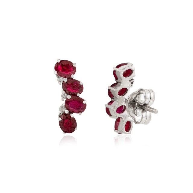Minimalism Art Deco Inspired Solid Silver Oval Ruby & Diamond Crawler Earrings- 2 Pieces For Sale - Image 3 of 11