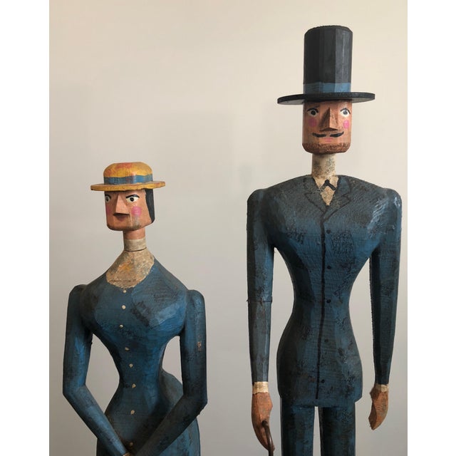 Wood Curtis Jeré, Hand Carved Painted Wood Folk Art Americana Sculpture Pair American Gothic, 1982 For Sale - Image 7 of 12