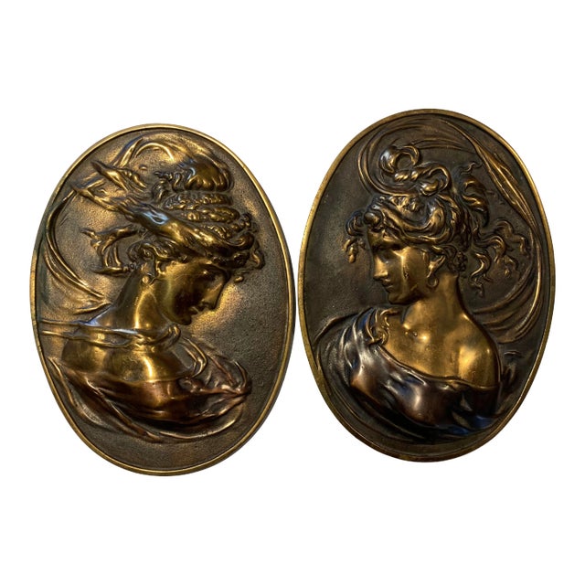 Art Nouveau Augustus St. Gaudens Solid Brass Plaques Pair For Sale