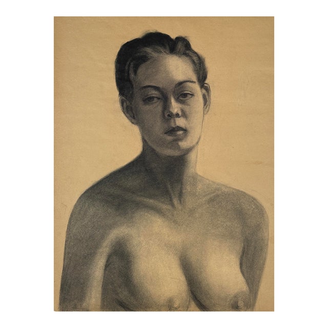 Vintage Realist Female Nude Charcoal Sketch on Toned Paper (1953) For Sale