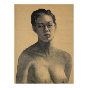 Vintage Realist Female Nude Charcoal Sketch on Toned Paper (1953)