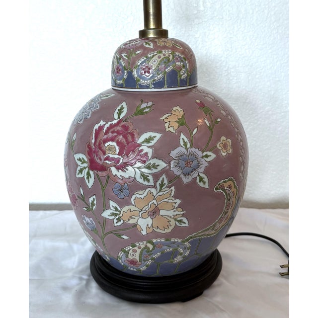 Vintage, grand-scale floral Chinese Famille Rose ginger jar table lamp. Circa 1970–1985, this piece was made in Macau...