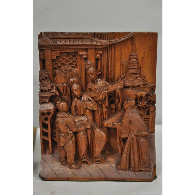 Chinoiserie Vintage Chinese Hand Carved Hard Wood Scholar Bookends by George Zee - A Pair For Sale - Image 3 of 18