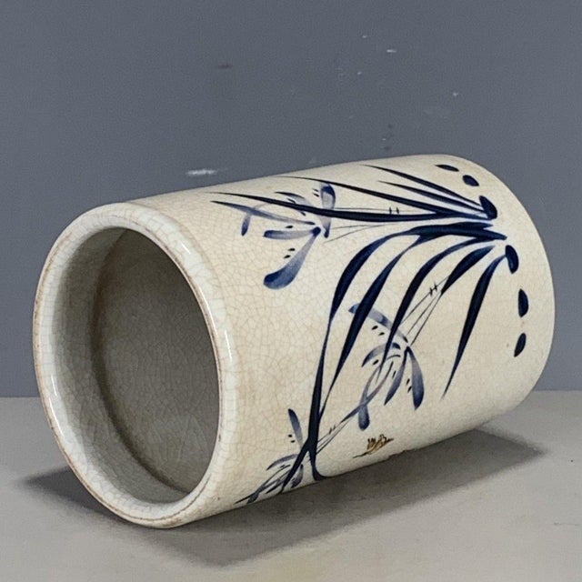 Blue & White Crackle Glaze Porcelain Brush Pot With Orchid Motif For Sale - Image 4 of 9