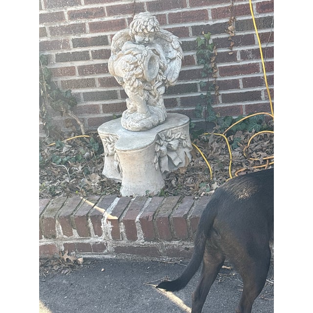 Late 20th Century Cast Stone Garden Fountain Statue Pedestal – Romantic European Garden Accent With Incisive Signature Detail For Sale - Image 9 of 11