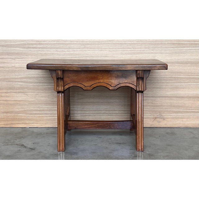 Wood Mid 19th Century Spanish Baroque Side Table with Wood Stretcher and Carved Top in Walnut For Sale - Image 7 of 18