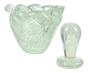 Murano Art Deco Clear Control Bubbles Italian Art Glass Leaf Shape Mortar and Pestel Ashtray Set