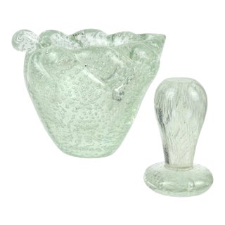 Murano Leaf Shape Mortar and Pestel Ashtray Set Art Deco Clear Control Bubbles Italian Art Glass For Sale