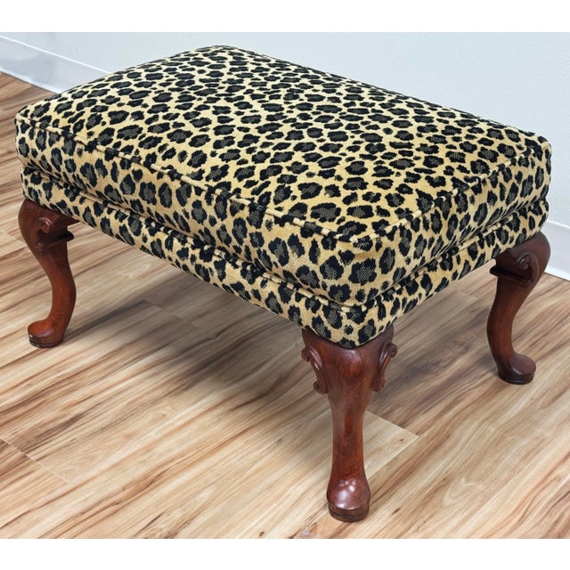 Vintage Curved Wood Leg Upholstered Leopard Print Ottoman For Sale In Kansas City - Image 6 of 10