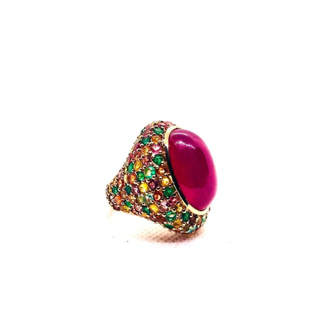 Art Deco Bochic “Orient” Vintage Retro Emerald, Ruby & Sapphire Ring Set In 18K Gold & Si For Sale - Image 3 of 10