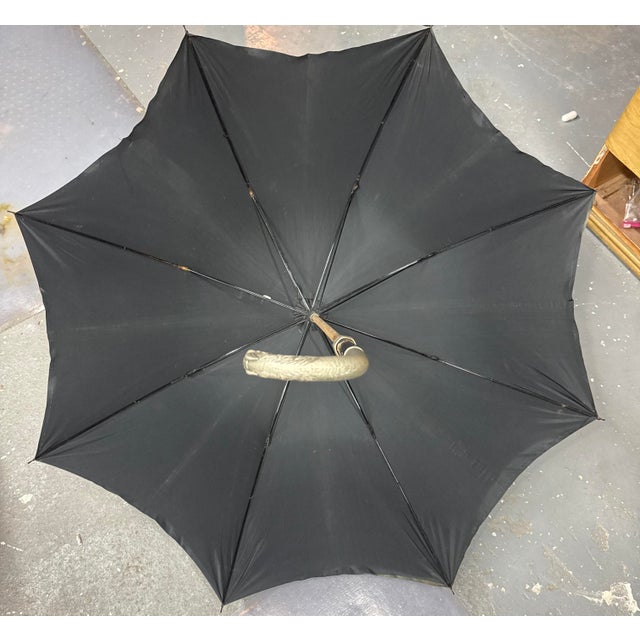 Antique Figural Horse Wood Silver Tone Metal Black Umbrella Parasol For Sale - Image 10 of 11