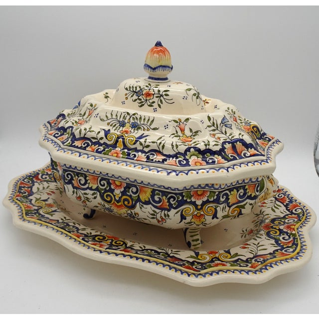 Large Vintage Hand Painted French Vieux Rouen Tureen with Charger, 1930s For Sale - Image 12 of 18