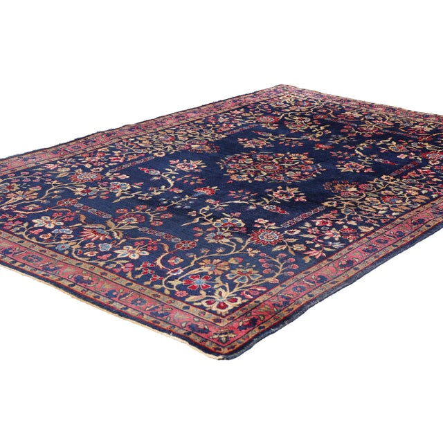 79258 Antique Persian Kerman Rug, 04'02 x 06'02. The Sapphire Garden: Jewel-Toned Persian Kerman Masterpiece of Refinement...