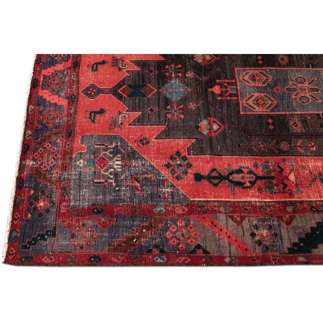 1960s Vintage Persian Distressed Red Handmade Geometric Wool Runner For Sale - Image 4 of 9