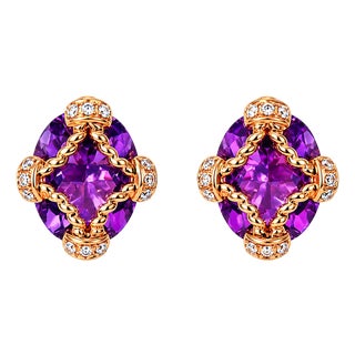 14K Rose Gold Amethyst Diamond Stud Earrings Estate by EFFY For Sale