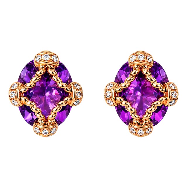 14K Rose Gold Amethyst Diamond Stud Earrings Estate by EFFY For Sale