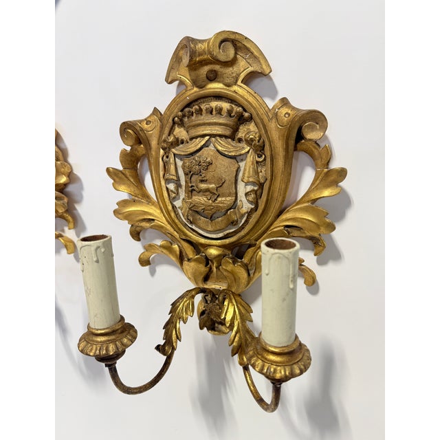 Gold French Rococo Giltwood Armorial Two-Light Wall Sconces, 19th Century For Sale - Image 8 of 9
