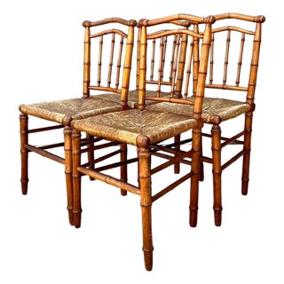 Vintage Bamboo-Style Wood and Cane Chairs - Set of 4 For Sale
