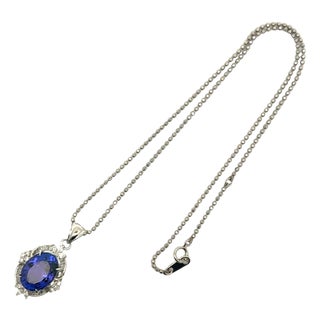 9.73 Carat Tanzanite Diamond Platinum Halo Pendant Necklace For Sale
