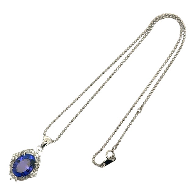 9.73 Carat Tanzanite Diamond Platinum Halo Pendant Necklace For Sale