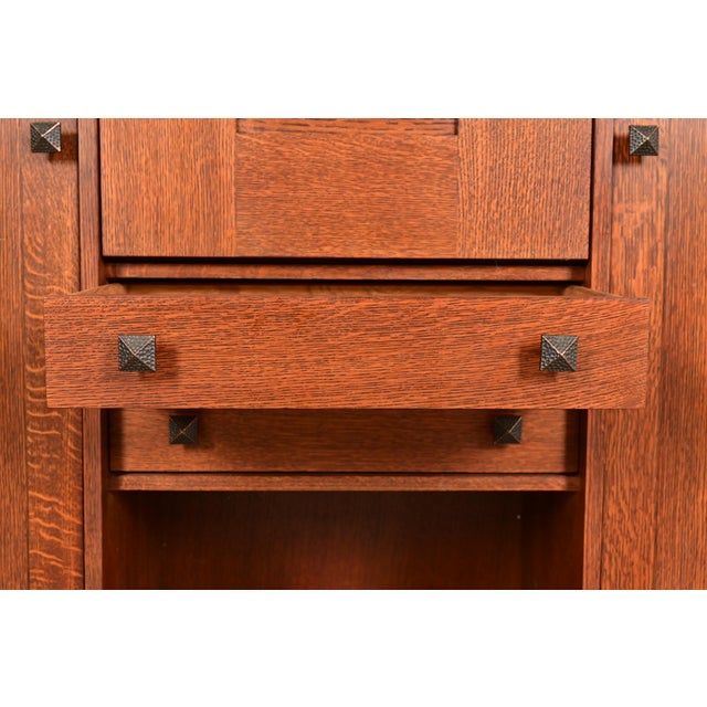 Wood Stickley Harvey Ellis Collection Arts & Crafts Inlaid Oak and Leaded Glass Bookcase With Drop Front Secretary Desk For Sale - Image 7 of 18