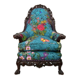 Mid 19th Century Rococo Carved Chair With Timourour Beasties Linen and Velvet Boho For Sale