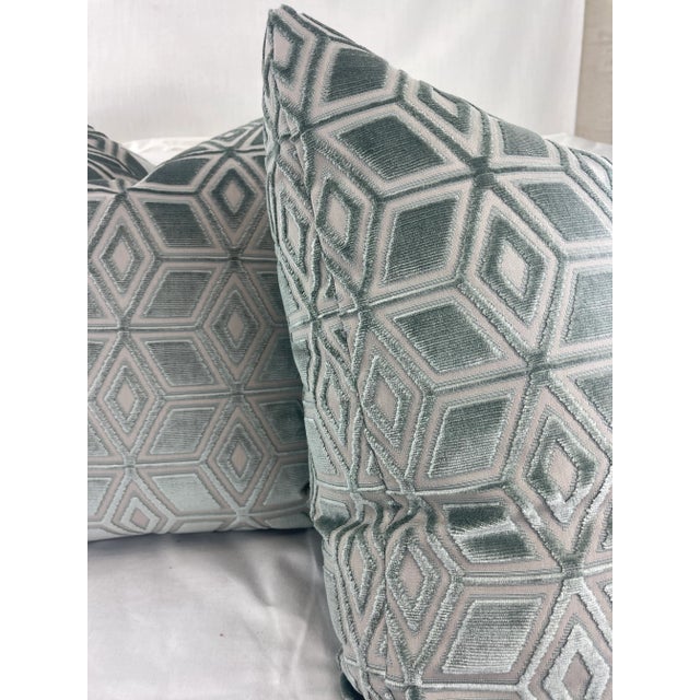 Custom pair of 22" pillows covered in Anna French "Jardin Maze Velvet" in color aqua. These pillows have tapered corners...