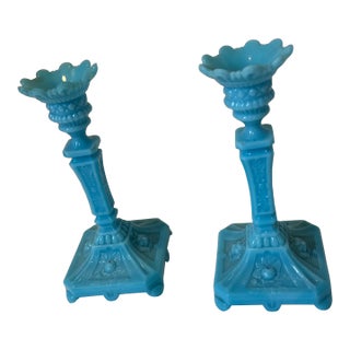 Pair of Late 19th Century Robin’s Egg Blue French Milk Glass Candlesticks For Sale