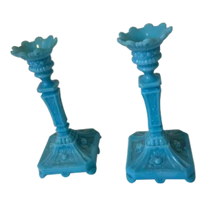 Pair of Late 19th Century Robin’s Egg Blue French Milk Glass Candlesticks