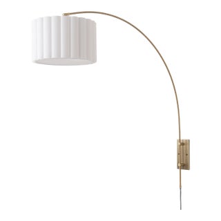 Mid-Century Modern Scalloped Wall Arc Lamp - Weathered Brass, White Linen, Diffuser For Sale