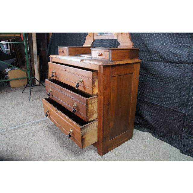 Antique Victorian Eastlake Walnut Marble Top Dresser Glove Box Shaving Mirror For Sale - Image 11 of 12