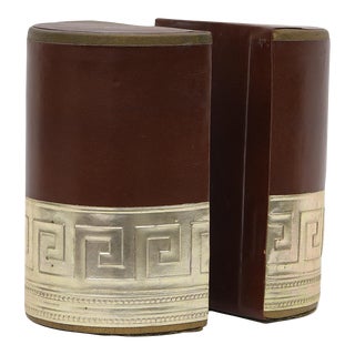 Mid-Century Leather Embossed Bookends With Greek Key - a Pair For Sale