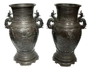 Pair Large Meiji Japanese Bronze Vases