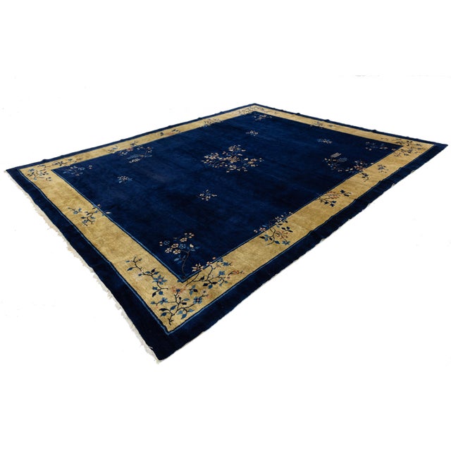 1920s Antique Chinese Art Deco Wool Rug in Midnight Blue & Ochre Gold For Sale - Image 10 of 12