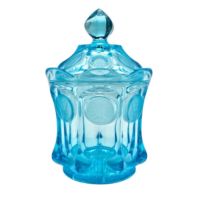 American Fostoria Aqua Ice Blue Coin Glass Covered Candy Jar With Finial Lid For Sale - Image 3 of 13