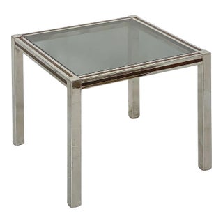 French Modern Square Low Side Table of Chrome and Brass With Smoked Glass Top For Sale