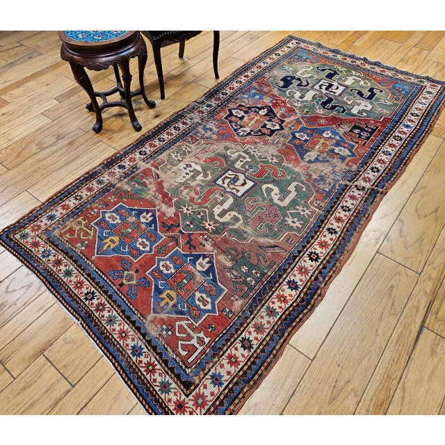 19th Century Mid-19th Century Caucasian Cloudband Karabagh Carpet, Hand-Knotted Wool, Green & Blue, 5' x 9' For Sale - Image 5 of 17