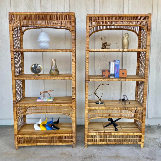 Boho Chic 1970s Coastal Rattan Wrapped Etagere, A Pair For Sale - Image 3 of 12