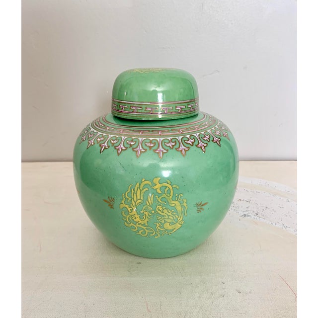 Vintage Green Ginger Jar With Yellow Dragons and Gilt Accenting For Sale In San Diego - Image 6 of 6