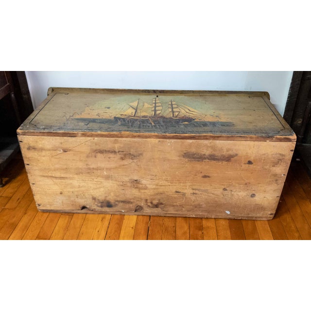 19th Century Paint Decorated Blanket Chest With Later Nautical Ship Painting For Sale - Image 16 of 16