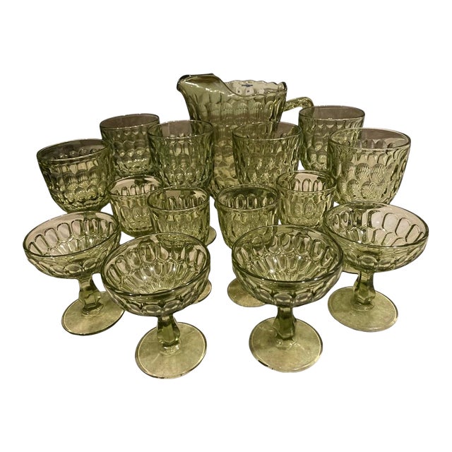 1960s Mid-Century Modern Fenton Colonial Green Glass Pitcher With Assorted Stem Ware - 15 pcs For Sale