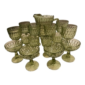 1960s Mid-Century Modern Fenton Colonial Green Glass Pitcher With Assorted Stem Ware - 15 pcs