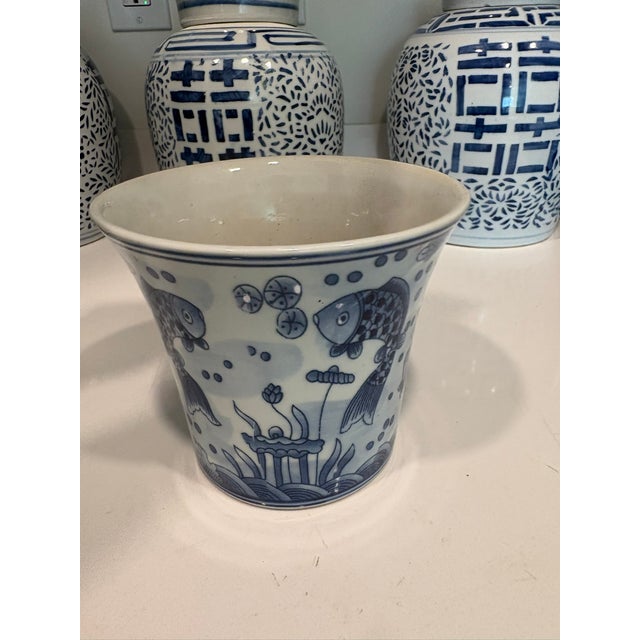 Late 20th Century Vintage Blue and White Koi Fish Ceramic Cachepot Planter For Sale - Image 5 of 7
