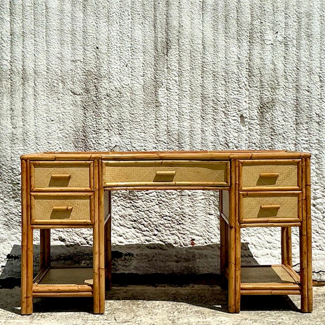 Coastal Vintage Coastal Woven Rattan Writing Desk For Sale - Image 3 of 8